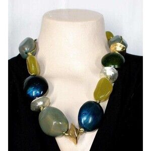 Chico's Green Teal Citrine Gray Chunky Beads Silver Gold Accent Discs Necklace